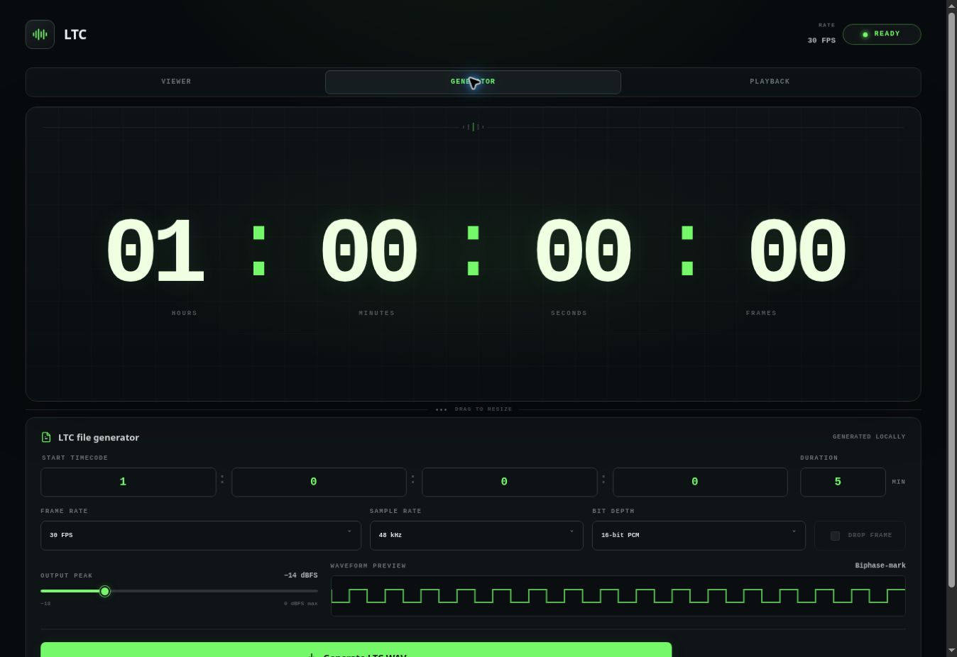 LTC Generator showing a 01:00:00:00 timecode display and waveform controls